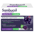Sambucol Black Elderberry Cold & Flu + Cough Medicated Liquid Centre 24 Lozenges