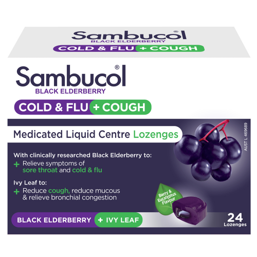 Sambucol Black Elderberry Cold & Flu + Cough Medicated Liquid Centre 24 Lozenges