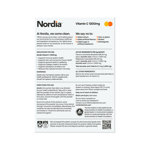 NORDIA Vitamin C 1200mg Clean Unflavoured Powder 14 x 2g Sachets